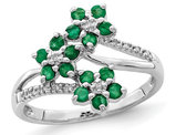 3/5 Carat (ctw) Emerald Flower Ring in Sterling Silver with Accent Diamonds